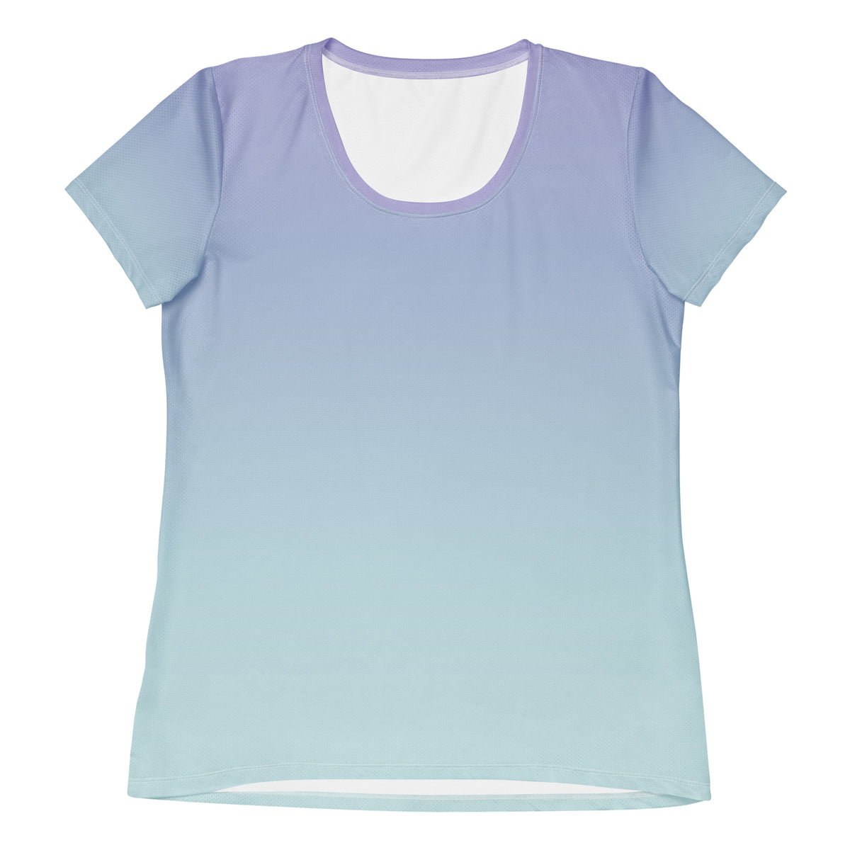 A short-sleeve scoop neck t-shirt with a smooth vertical color gradient transitioning from light purple at the top to pale blue at the bottom, displayed flat against a solid white background.