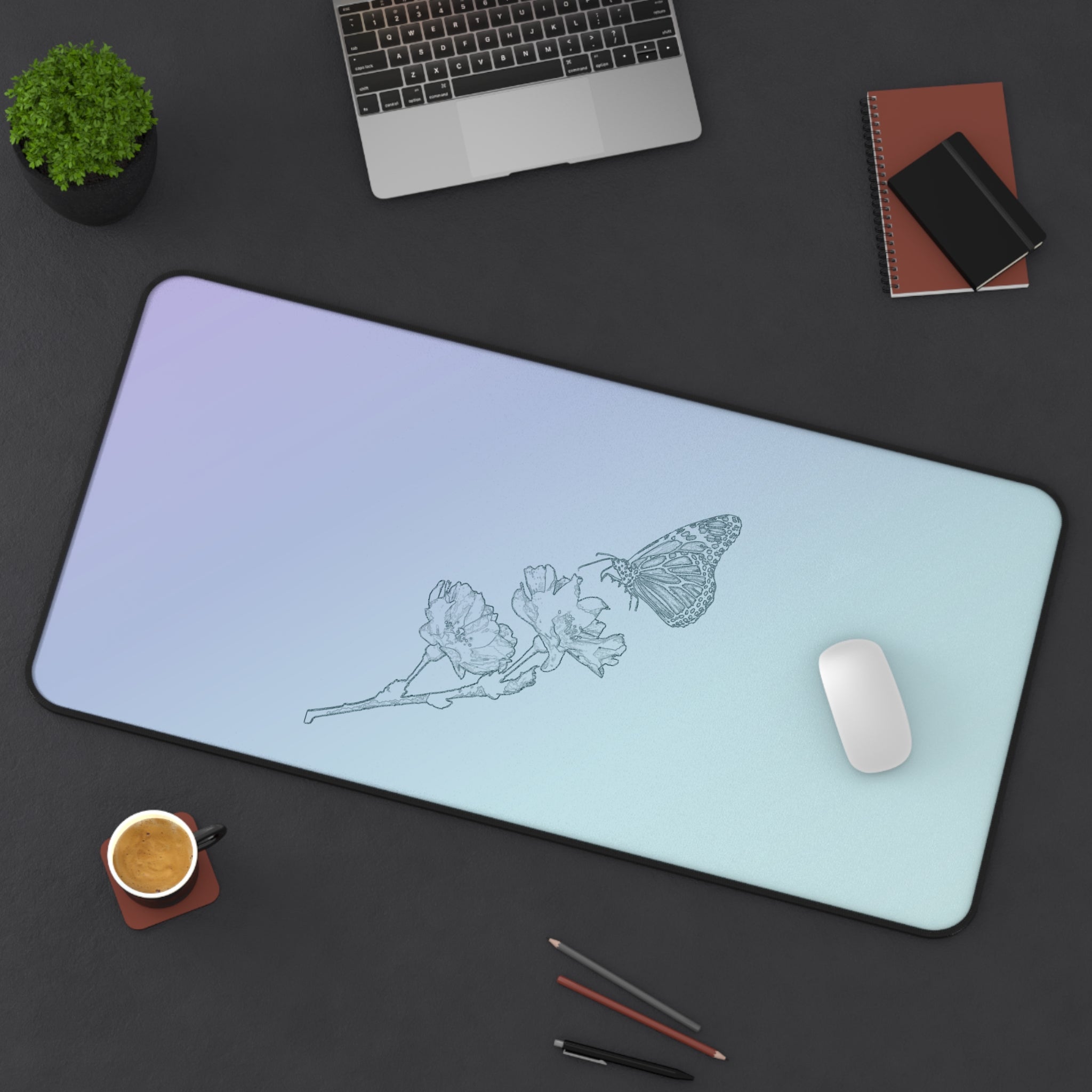 The Butterfly Effect Pastel Gradient Desk Mat with Delicate Butterfly & Flower Sketch