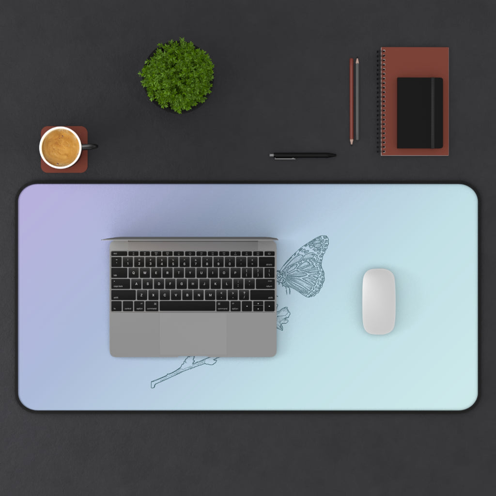 The Butterfly Effect Pastel Gradient Desk Mat with Delicate Butterfly & Flower Sketch