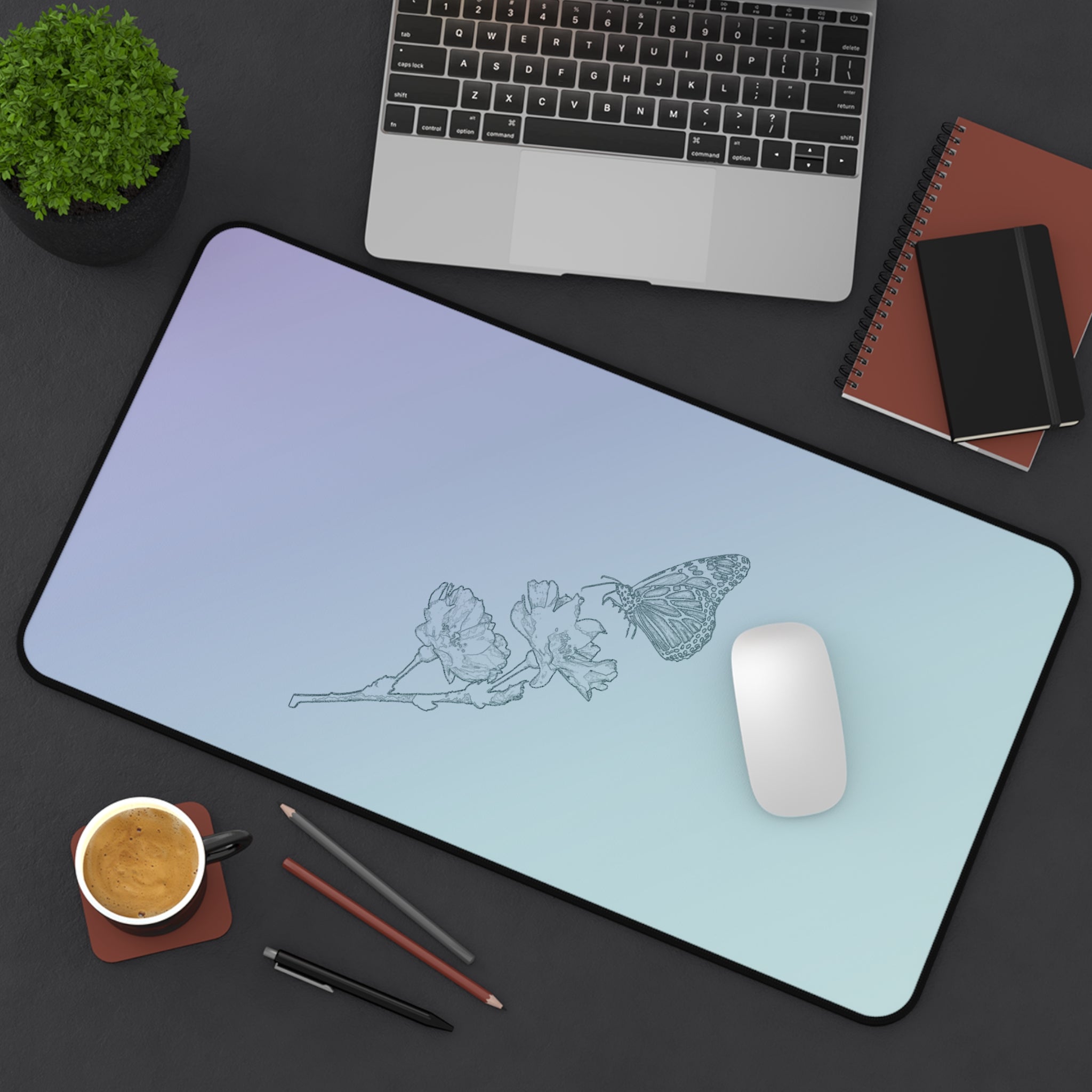 The Butterfly Effect Pastel Gradient Desk Mat with Delicate Butterfly & Flower Sketch
