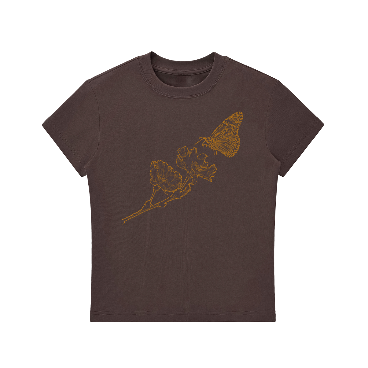 A dark brown short-sleeve crewneck t-shirt featuring a gold line art graphic of a butterfly and leaves on the front, displayed against a solid white background.