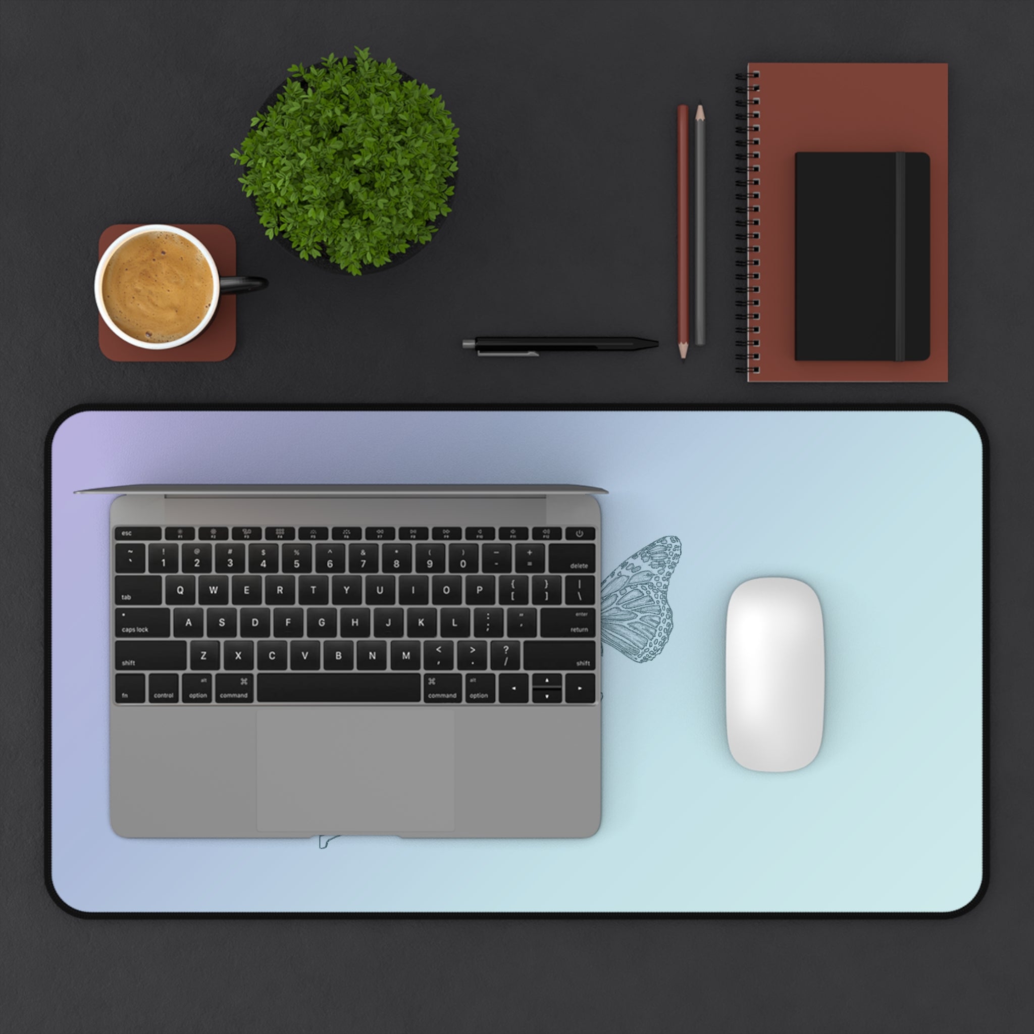 The Butterfly Effect Pastel Gradient Desk Mat with Delicate Butterfly & Flower Sketch