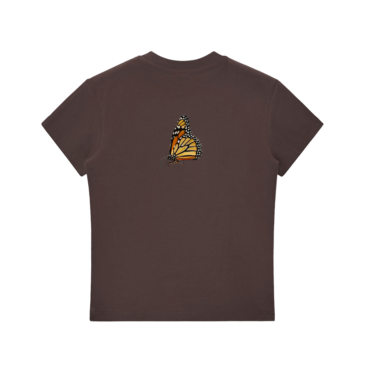 A dark brown short-sleeve t-shirt with a small orange and black monarch butterfly graphic printed on the center chest, displayed against a solid white background.