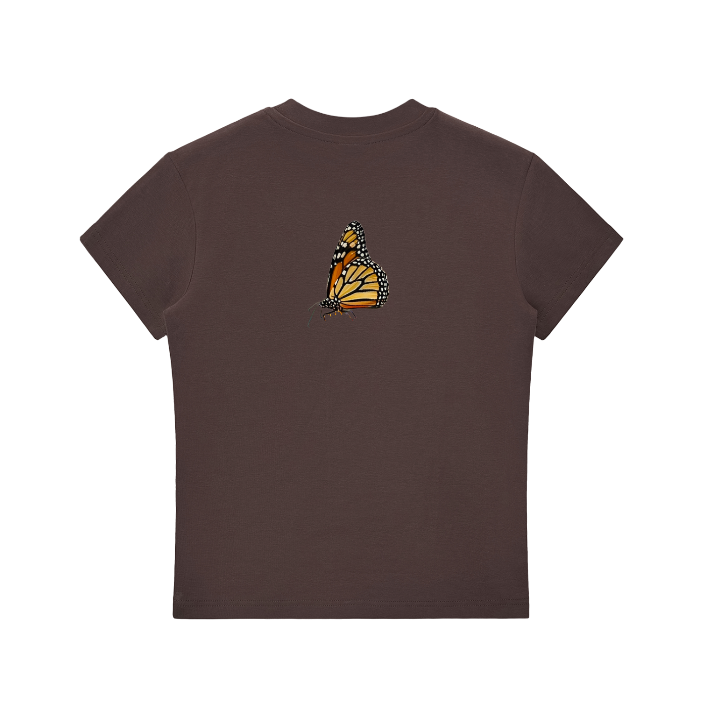 A dark brown short-sleeve t-shirt with a small orange and black monarch butterfly graphic printed on the center chest, displayed against a solid white background.