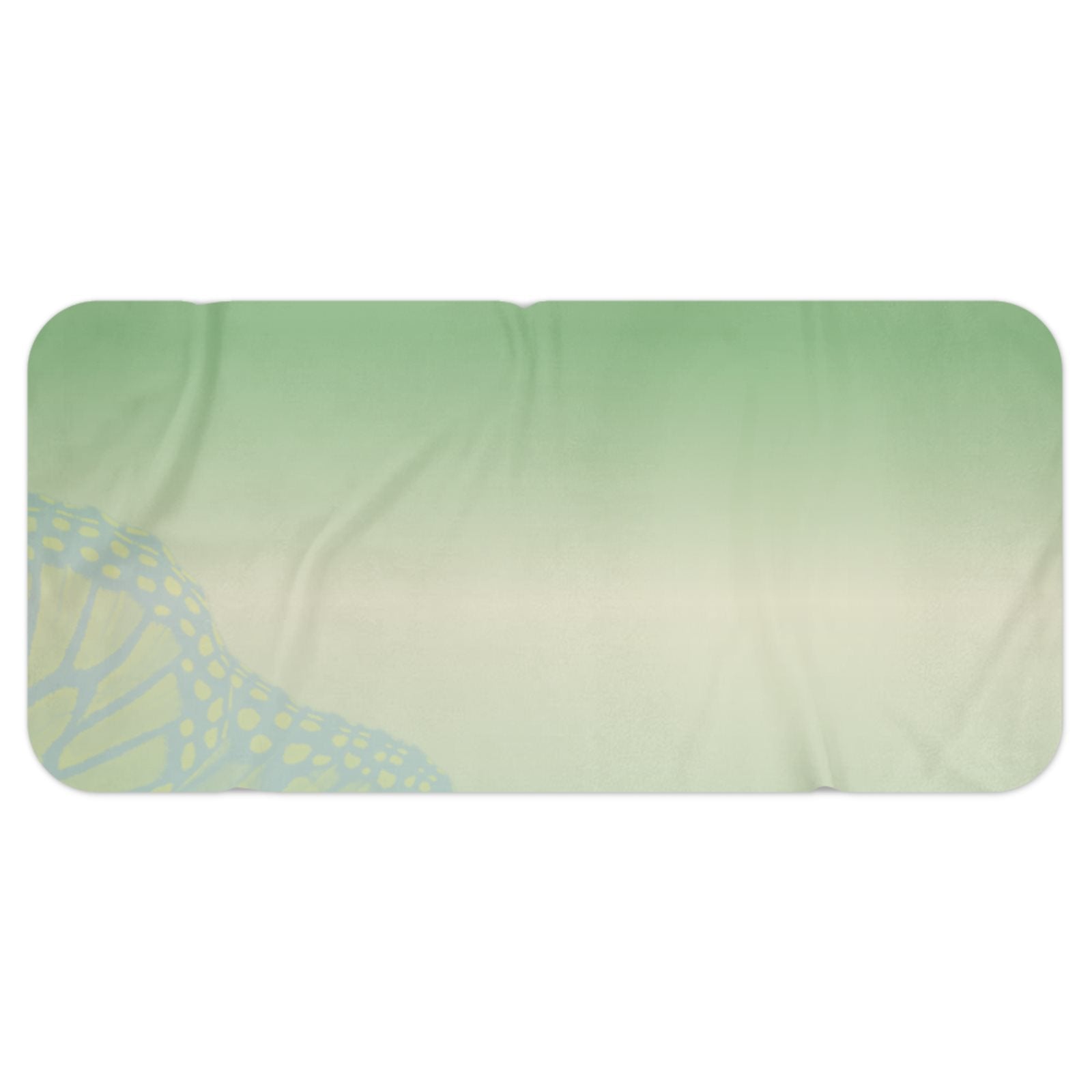 A rectangular bath mat with rounded corners featuring a pastel gradient background of green, pink, and purple, decorated with butterfly wing patterns in the bottom corners.