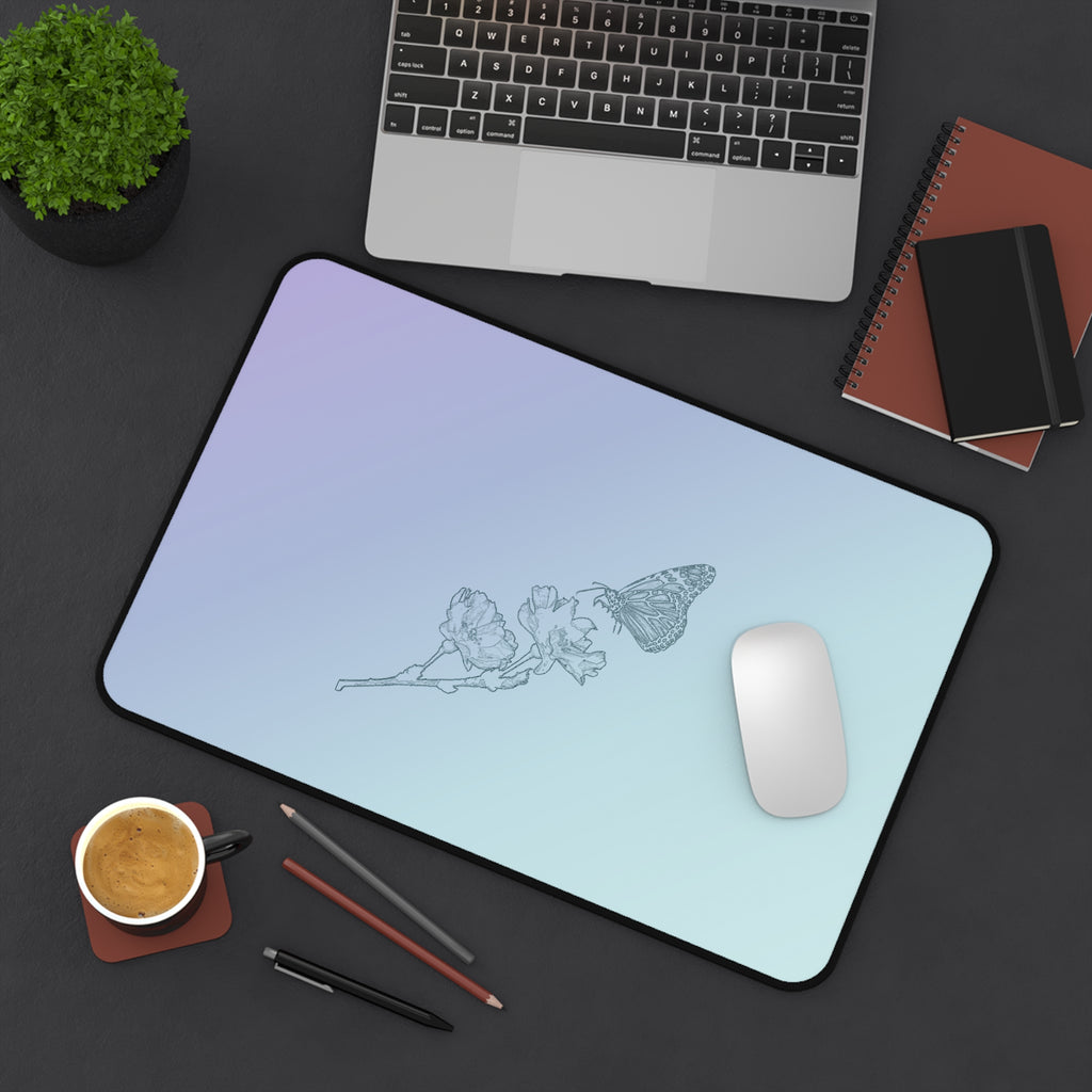 The Butterfly Effect Pastel Gradient Desk Mat with Delicate Butterfly & Flower Sketch