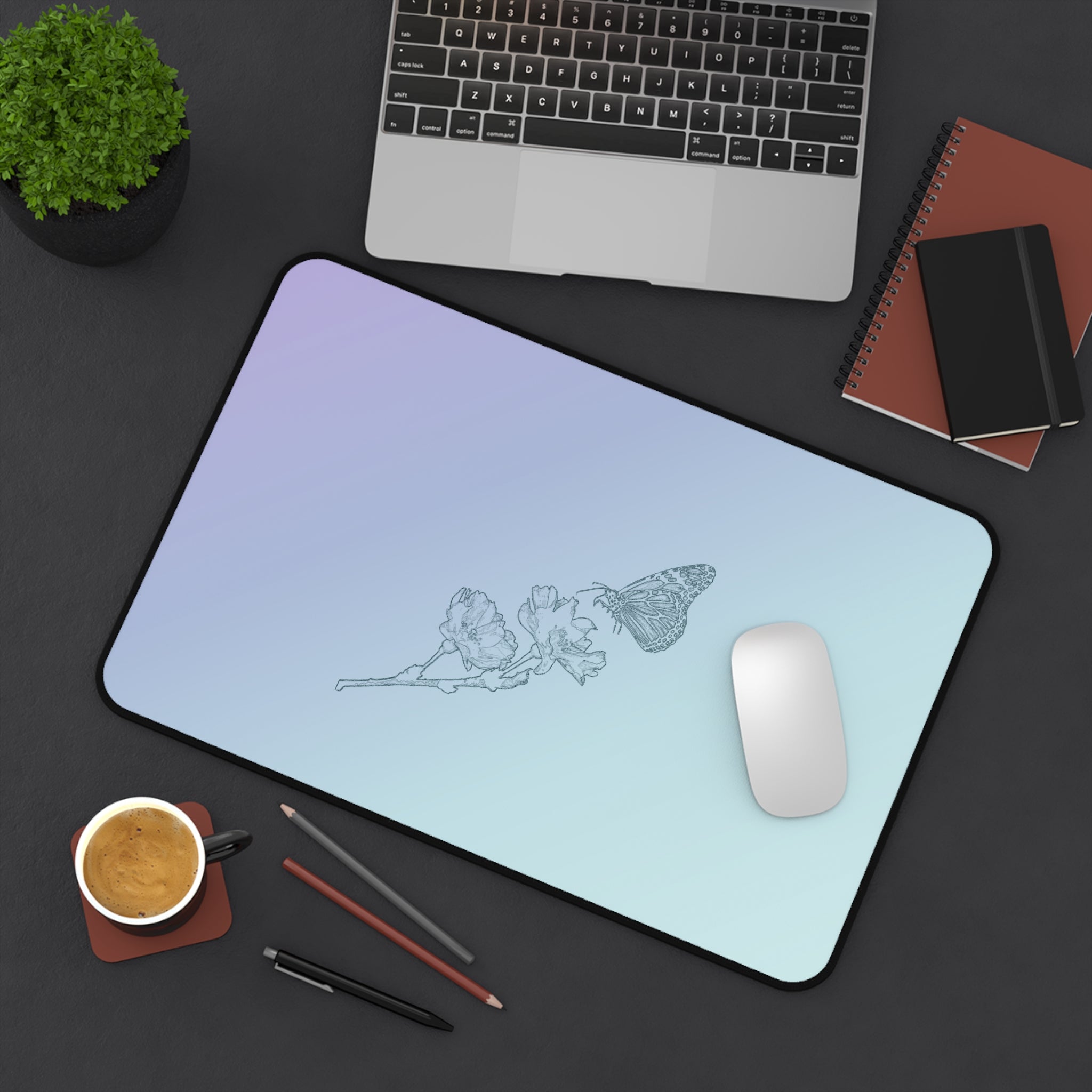 The Butterfly Effect Pastel Gradient Desk Mat with Delicate Butterfly & Flower Sketch