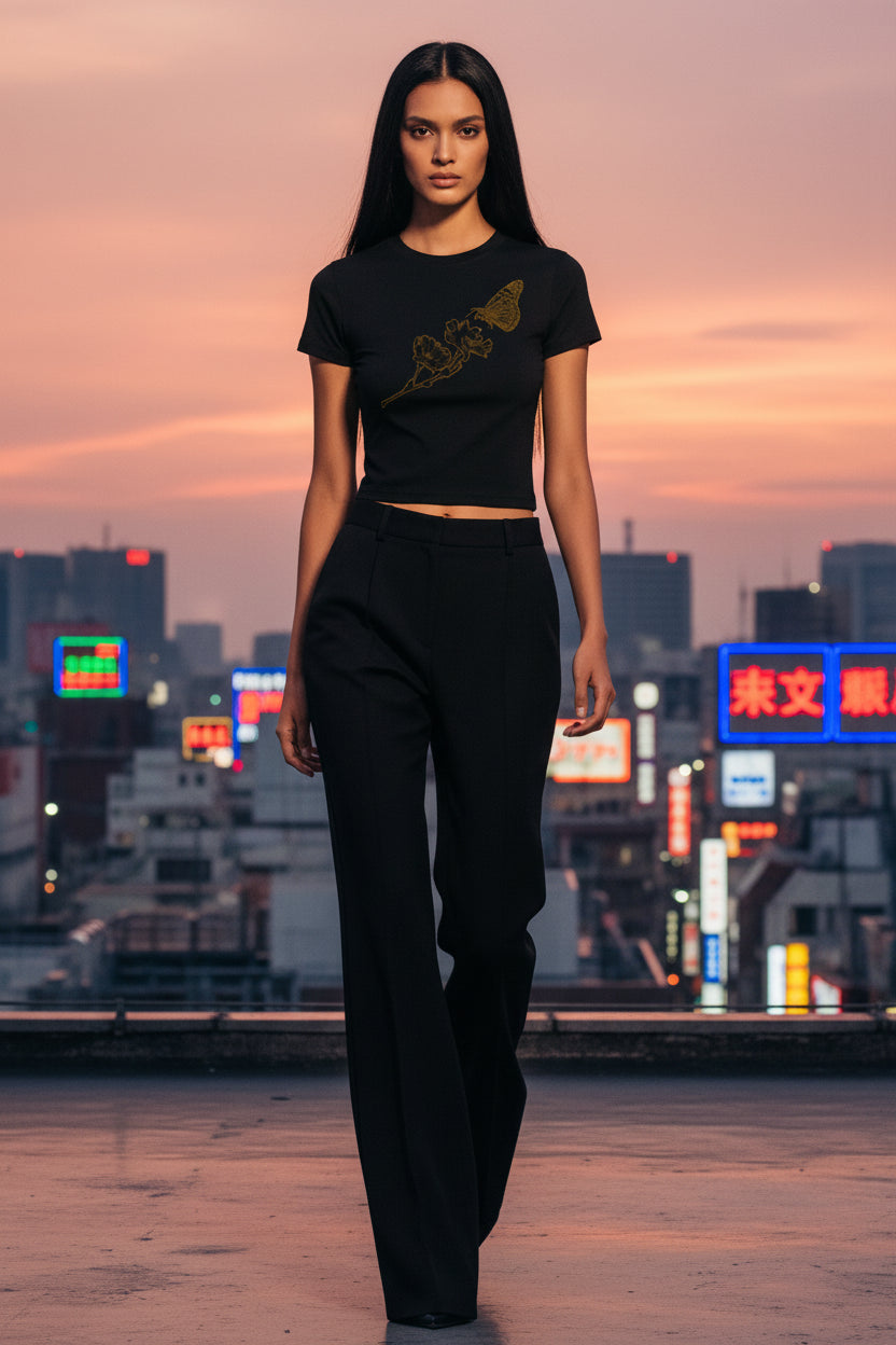 A woman stands on a rooftop at sunset wearing a fitted black cropped T-shirt with a gold graphic print and black wide-leg pants. The background shows a city skyline with glowing neon signs in Japanese characters.