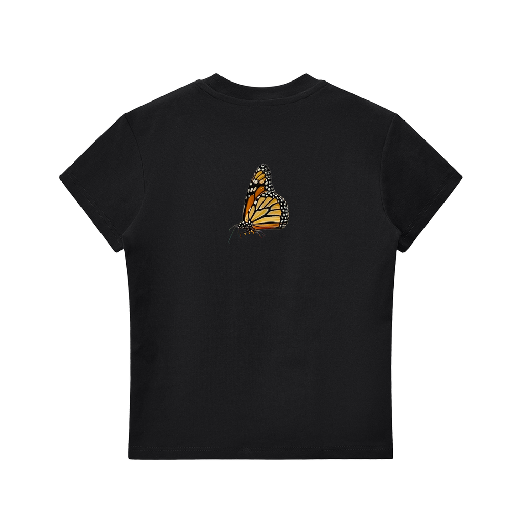 Brown t-shirt with graphic design and text on a white background