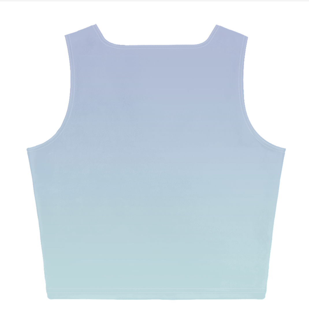 A sleeveless crop top with a scoop neck, featuring a smooth vertical gradient that transitions from a light periwinkle blue at the top to a soft mint green at the bottom, displayed on a solid white background.