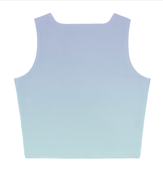 A sleeveless crop top with a scoop neck, featuring a smooth vertical gradient that transitions from a light periwinkle blue at the top to a soft mint green at the bottom, displayed on a solid white background.
