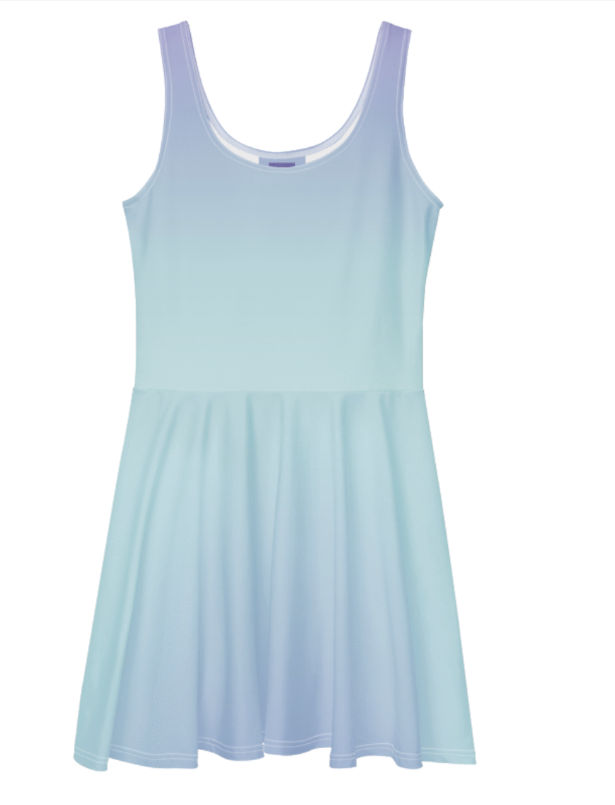 A sleeveless scoop-neck dress with a pleated skirt, featuring a vertical color gradient from light lavender purple at the top to pale icy blue at the bottom, shown on a plain white background.