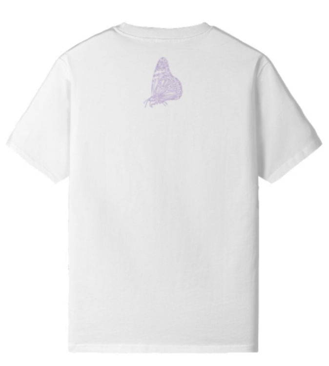 A white short-sleeve crewneck t-shirt shown from the back, featuring a small light purple butterfly graphic printed on the upper center back.