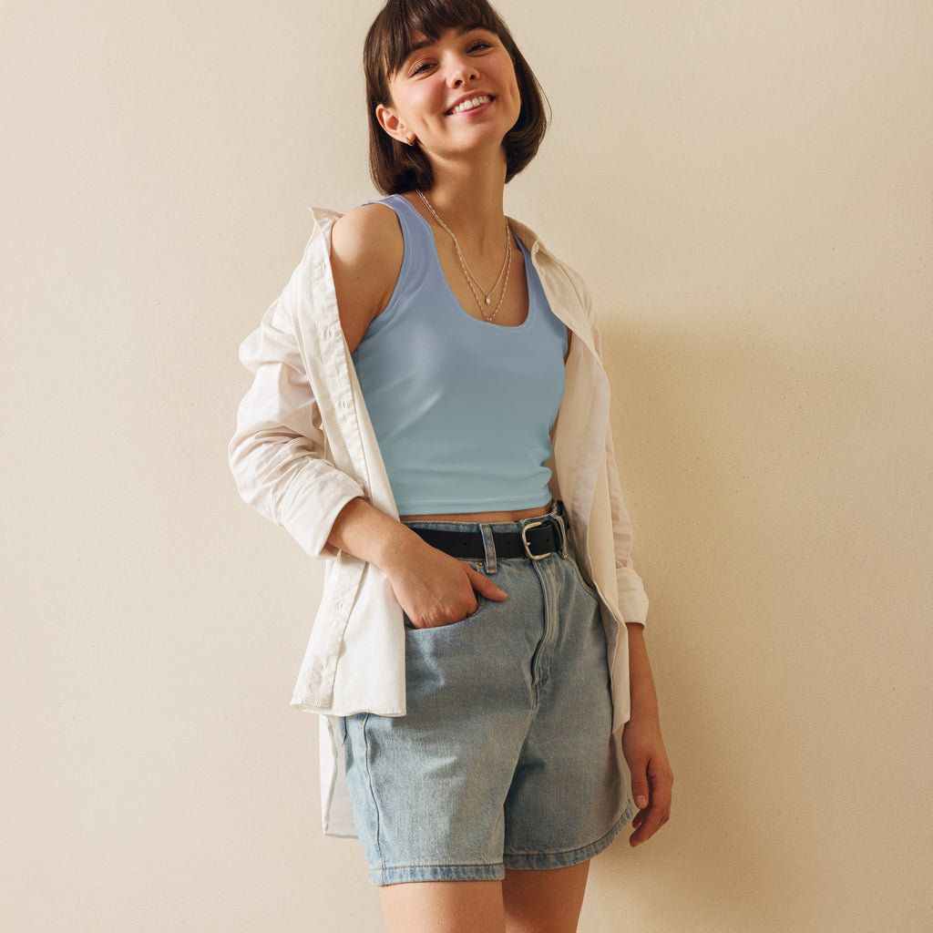 The Butterfly Effect crop top – women's sky blue butterfly graphic top
