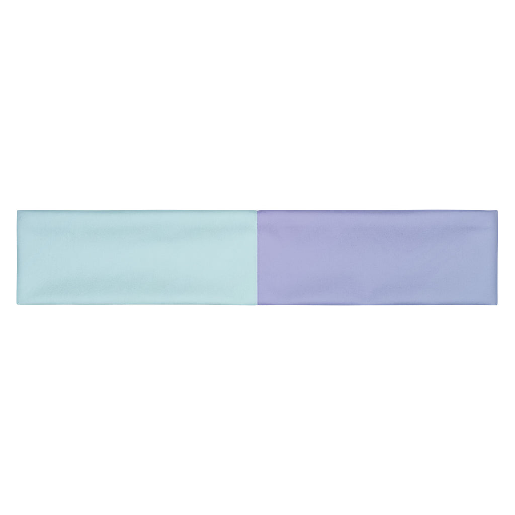 A long rectangular fabric accessory, likely a headband or bandana, shown flat against a white background. The fabric is divided vertically into two solid color blocks: a light mint green on the left and a soft lavender purple on the right.