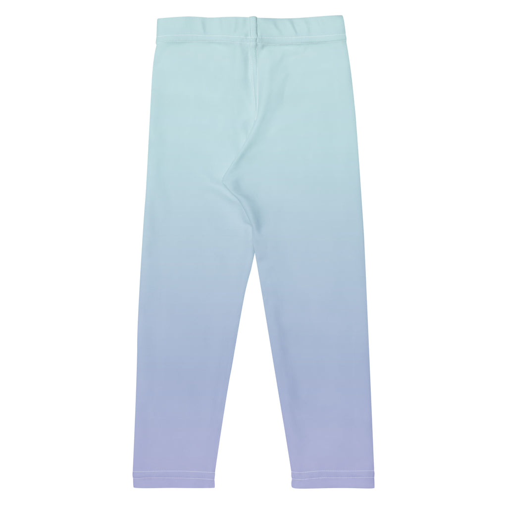 A pair of children's leggings with a smooth color gradient transitioning from a pale mint green at the top to a light lavender purple at the bottom, shown flat against a white background.