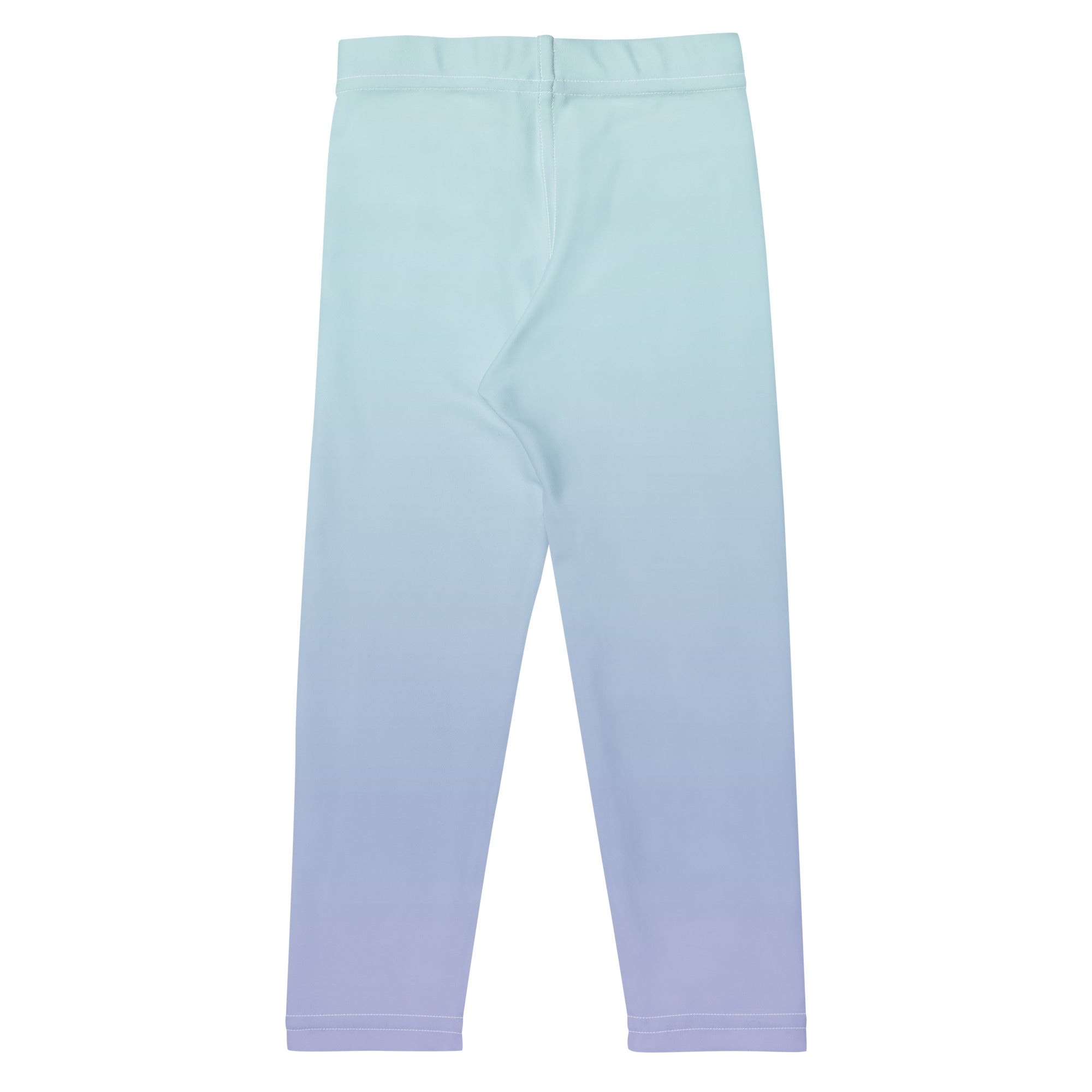 A pair of children's leggings with a smooth color gradient transitioning from a pale mint green at the top to a light lavender purple at the bottom, shown flat against a white background.