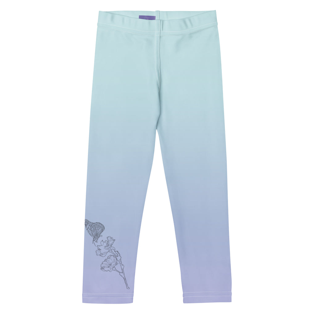 Light blue to lavender gradient leggings with a gray line-art illustration of a butterfly on the lower left leg, shown flat on a white background.