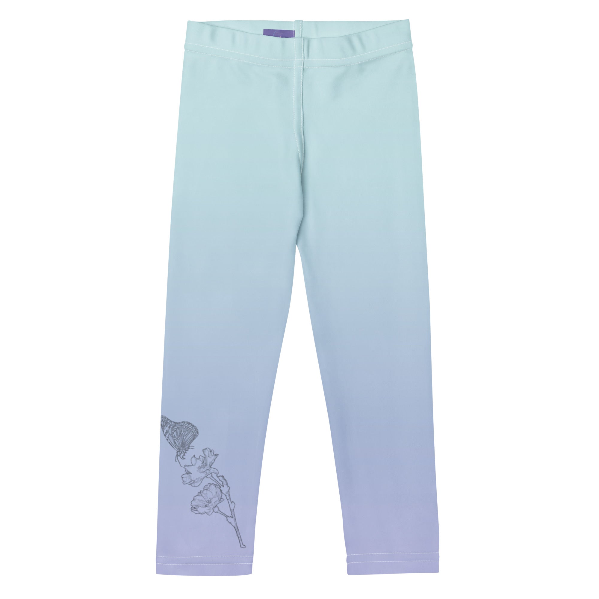 Light blue to lavender gradient leggings with a gray line-art illustration of a butterfly on the lower left leg, shown flat on a white background.