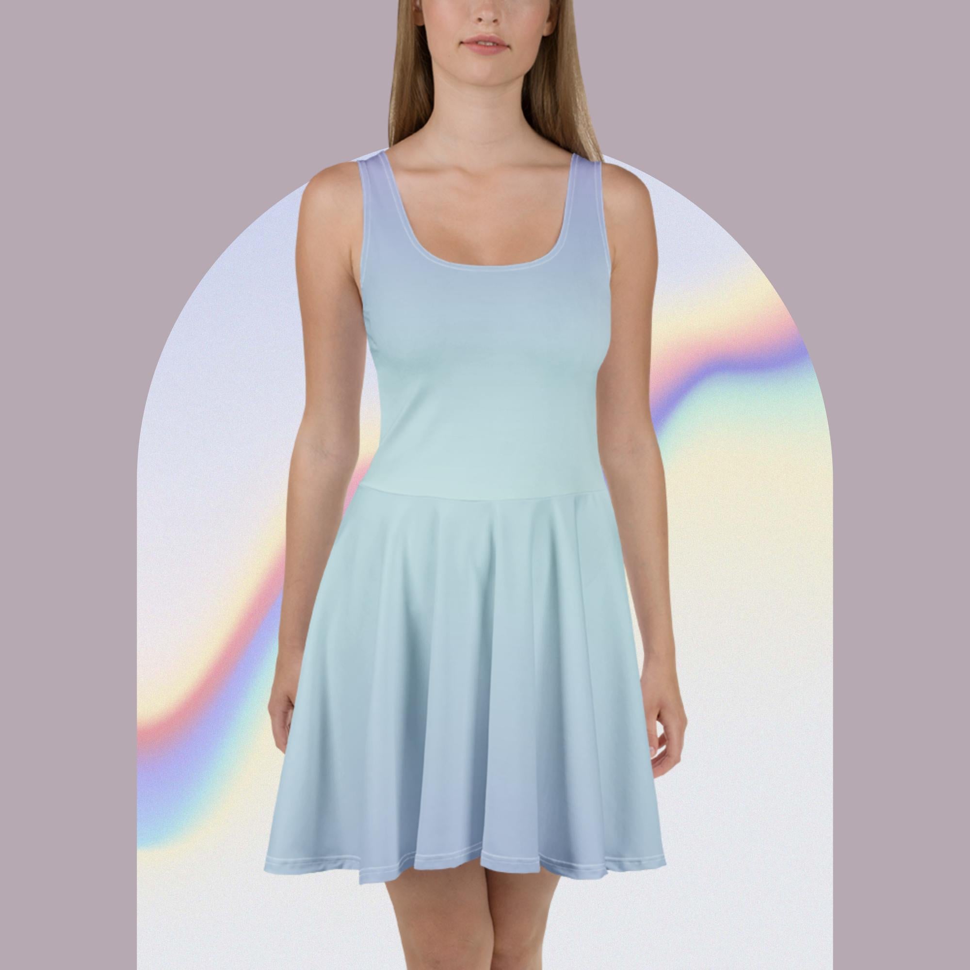 A woman modeling a sleeveless light blue scoop-neck skater dress against a pale lavender background with a white arched frame and soft rainbow gradient accents.