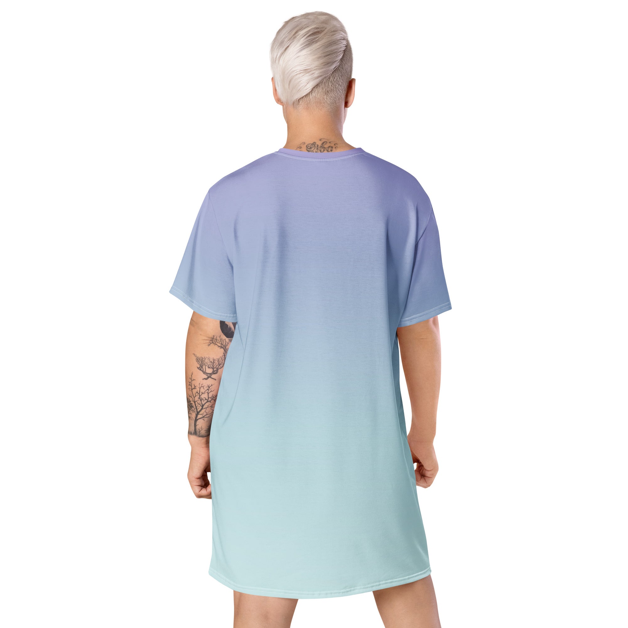 A model shown from the back wearing an oversized short-sleeve tunic dress with a smooth vertical gradient transitioning from lavender-blue at the top to pale mint green at the bottom, on a plain white background.