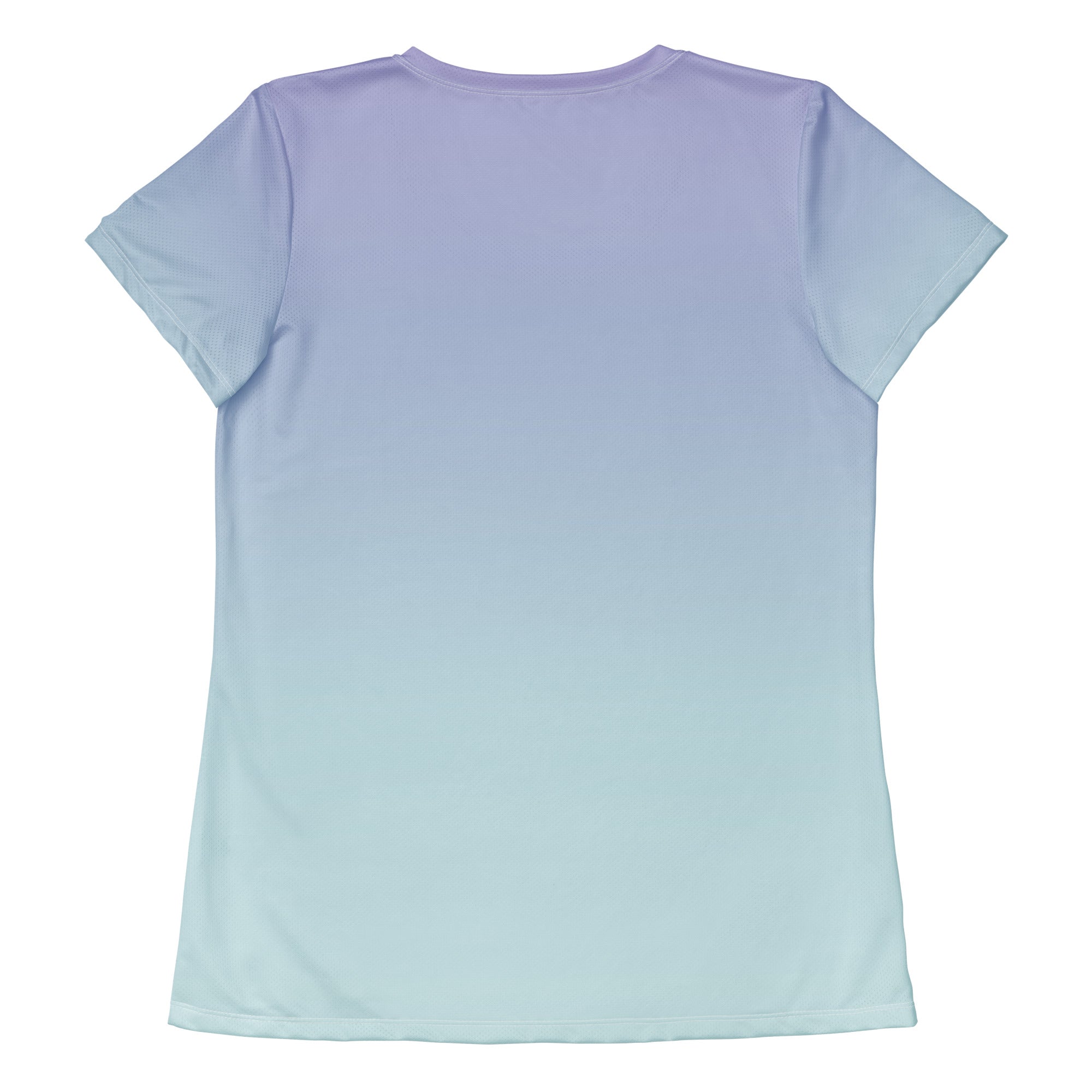 A short-sleeve crewneck t-shirt shown from the back, featuring a smooth vertical gradient transitioning from light lavender purple at the top to a soft mint green at the bottom, displayed on a solid white background.
