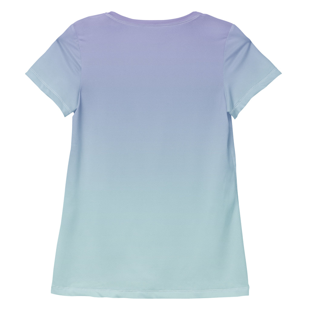 A short-sleeve crewneck t-shirt shown from the back, featuring a smooth vertical color gradient that transitions from light lavender purple at the top to a soft mint green at the bottom, displayed on a solid white background.