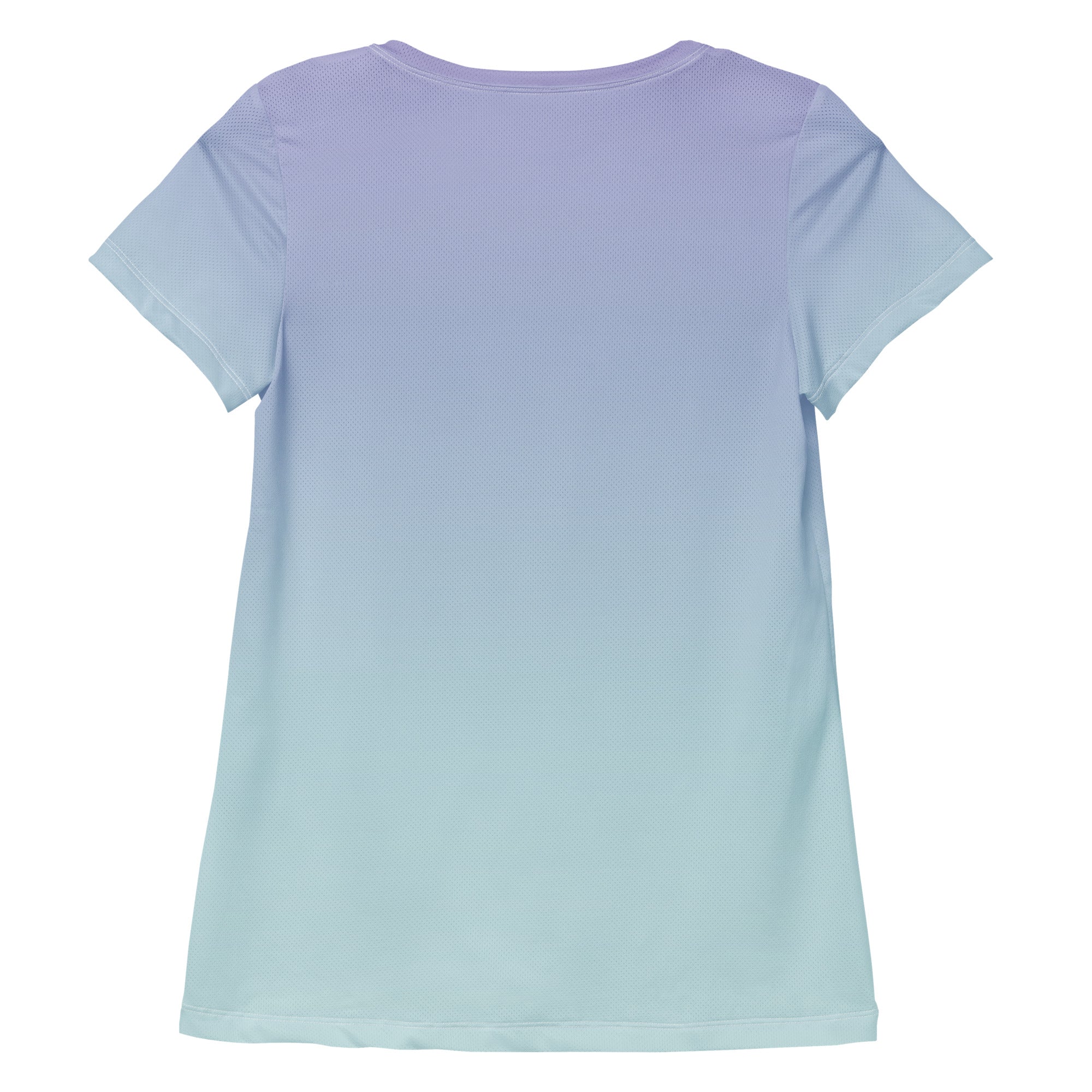 A short-sleeve crewneck t-shirt shown from the back, featuring a smooth vertical color gradient that transitions from light lavender purple at the top to a soft mint green at the bottom, displayed on a solid white background.