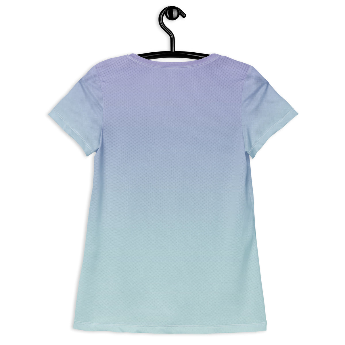 A short-sleeve crewneck t-shirt with a smooth vertical gradient transitioning from light lavender purple at the top to pale icy blue at the bottom, hanging on a black hanger against a plain white background.