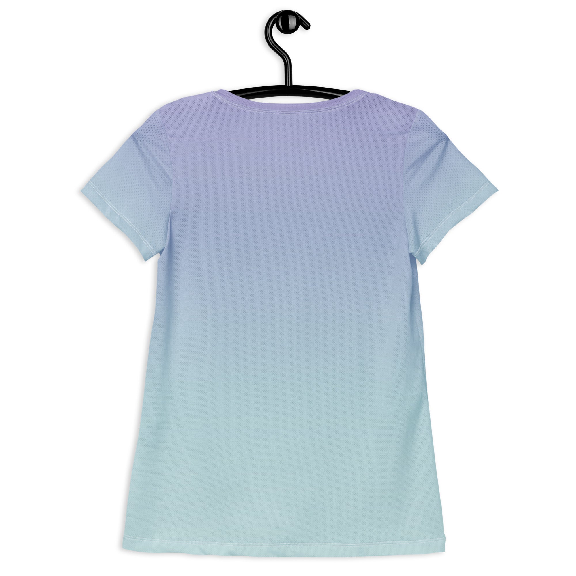 A short-sleeve crewneck t-shirt with a smooth vertical gradient transitioning from light lavender purple at the top to pale icy blue at the bottom, hanging on a black hanger against a plain white background.