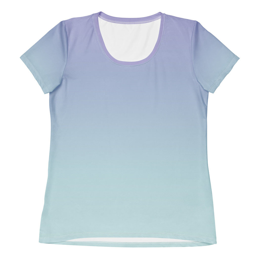 A short-sleeve scoop neck t-shirt with a smooth vertical color gradient transitioning from light purple at the top to pale blue at the bottom, displayed flat against a solid white background.
