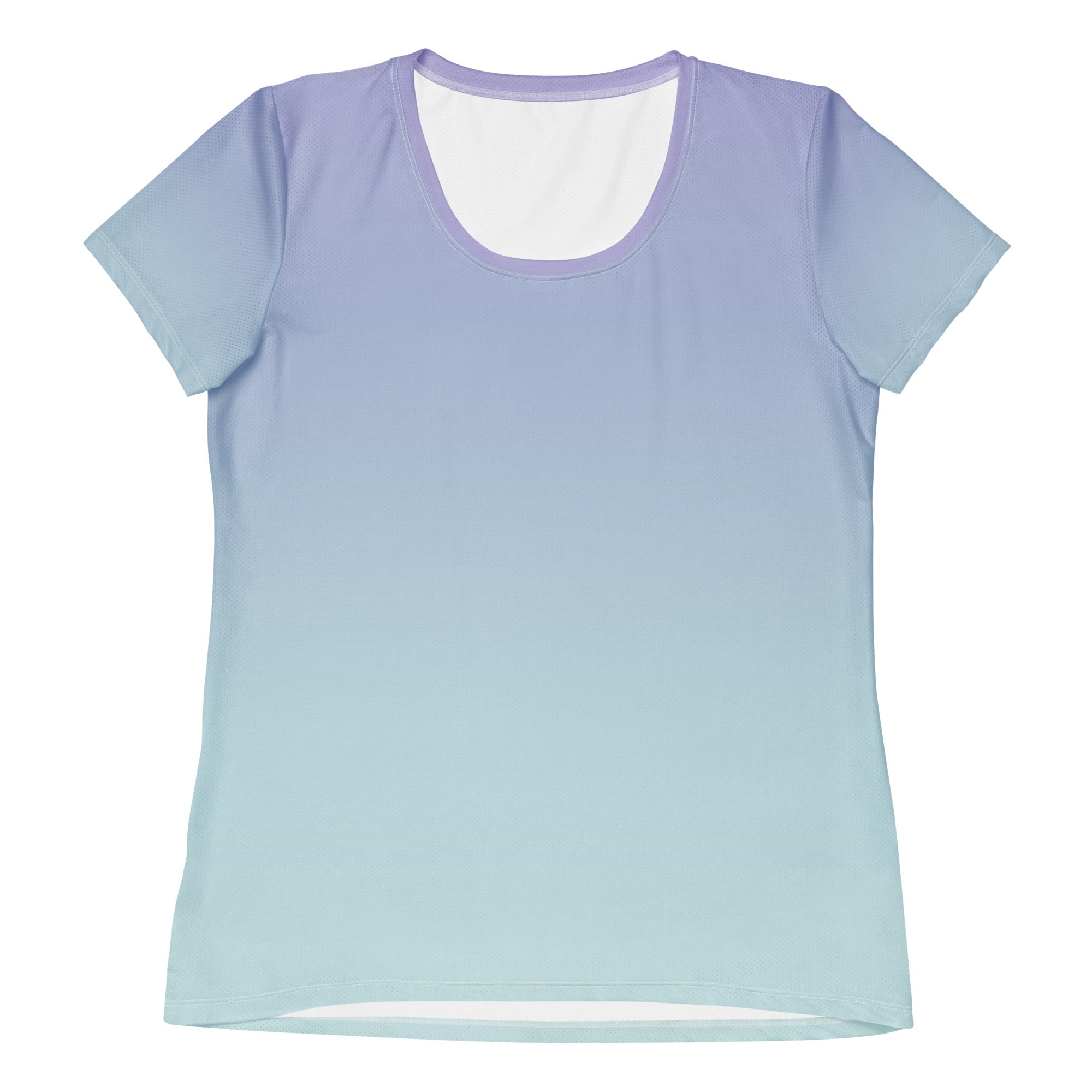 A short-sleeve scoop neck t-shirt with a smooth vertical color gradient transitioning from light purple at the top to pale blue at the bottom, displayed flat against a solid white background.
