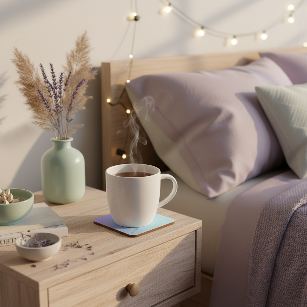 A cozy bedroom scene with a light wood nightstand beside a bed with lavender bedding, a white mug on a coaster, a small mint vase with dried grasses, and warm string lights in the background.