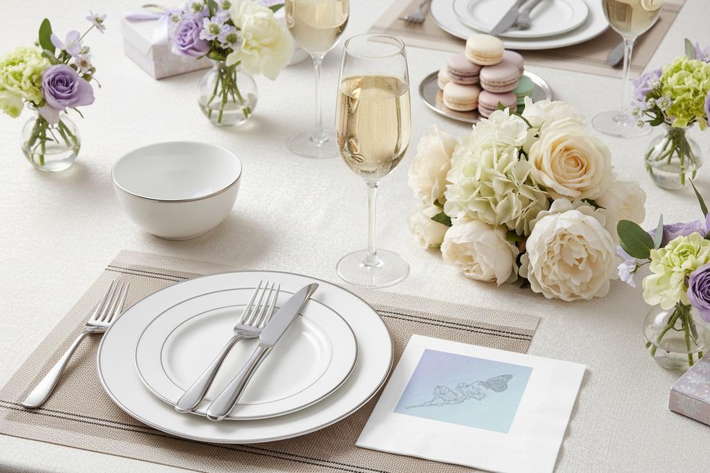 A beautifully styled table setting featuring white ceramic plates with gold trim, silver cutlery, white wine glasses, and elegant floral arrangements in small glass vases on a white tablecloth.