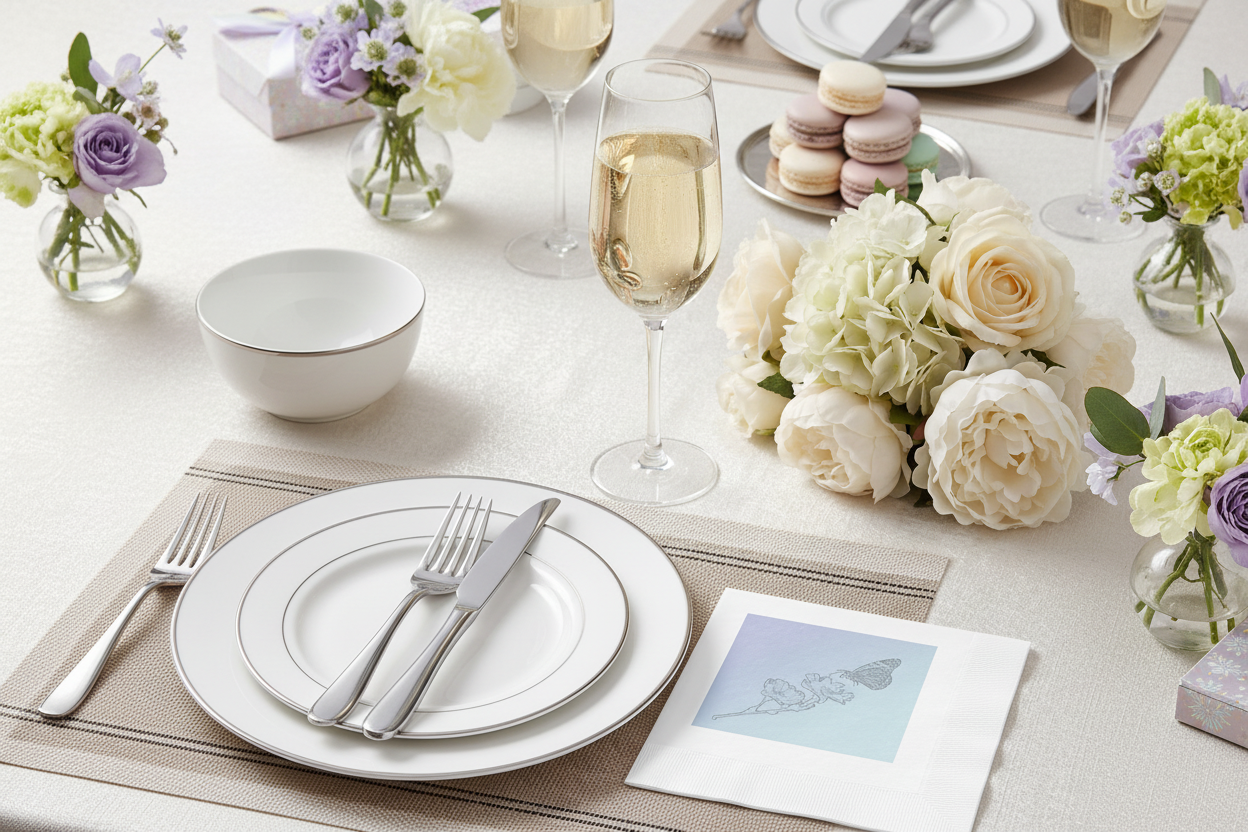 A beautifully styled table setting featuring white ceramic plates with gold trim, silver cutlery, white wine glasses, and elegant floral arrangements in small glass vases on a white tablecloth.