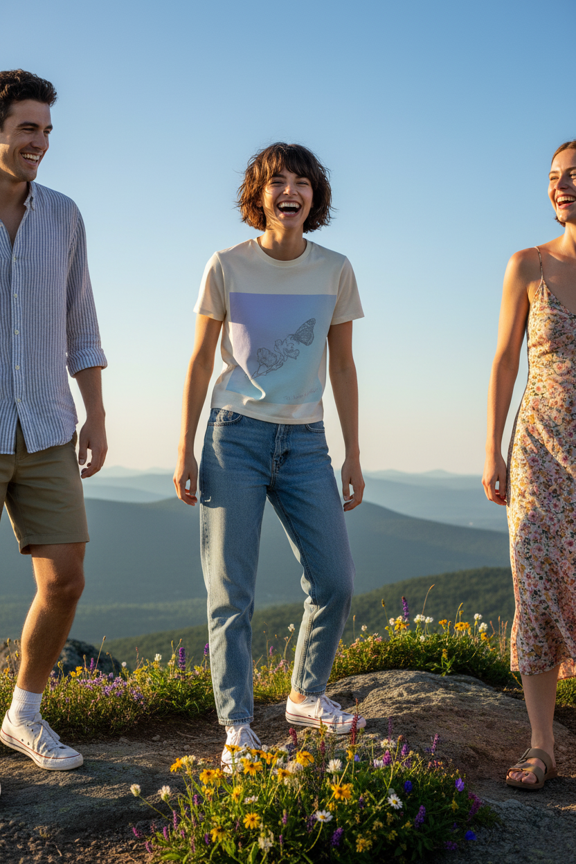 Three people standing outdoors on a mountain peak with wildflowers and a blue sky in the background. The central person is wearing a light beige graphic T-shirt with a blue and lavender butterfly design, light blue jeans, and white sneakers.