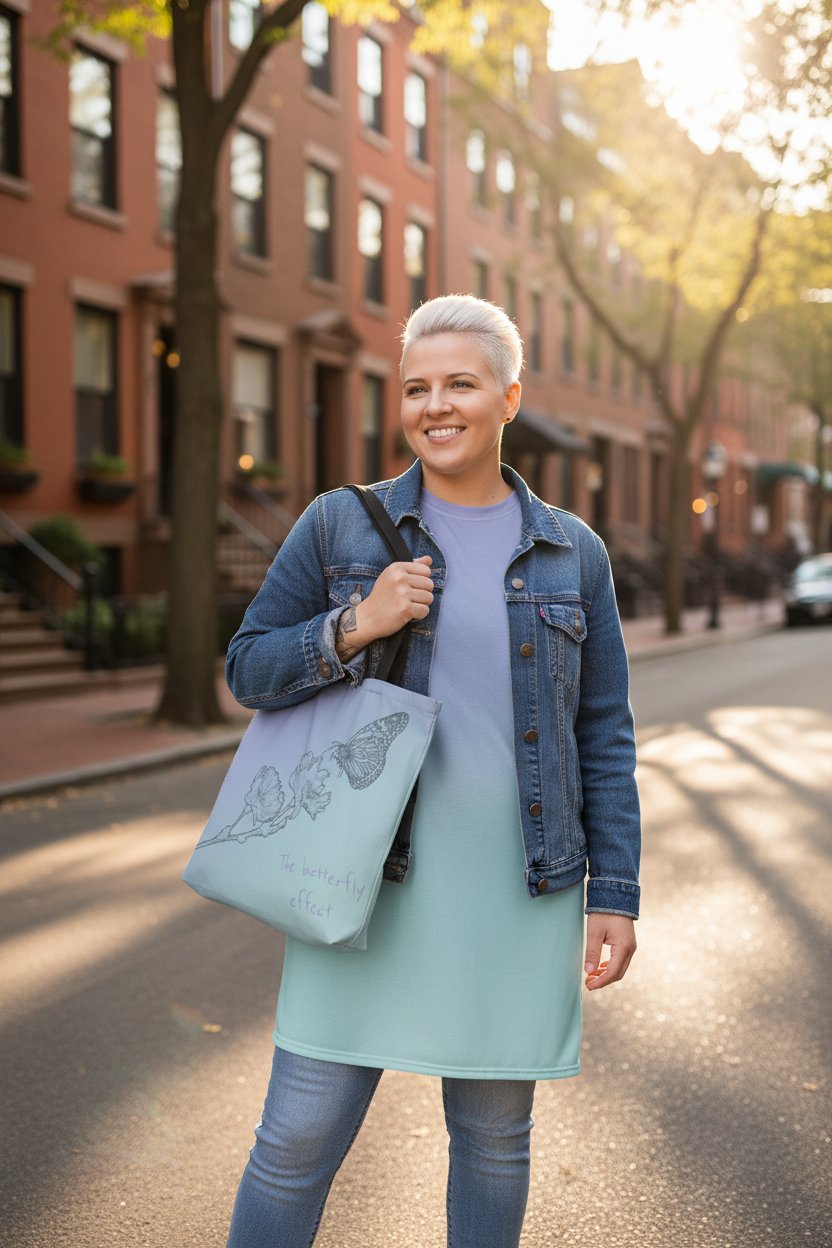 A woman with short platinum blonde hair stands on a sunlit city street wearing a light blue ombre tunic dress, a blue denim jacket, and blue jeans, while carrying a light blue tote bag with butterfly illustrations.