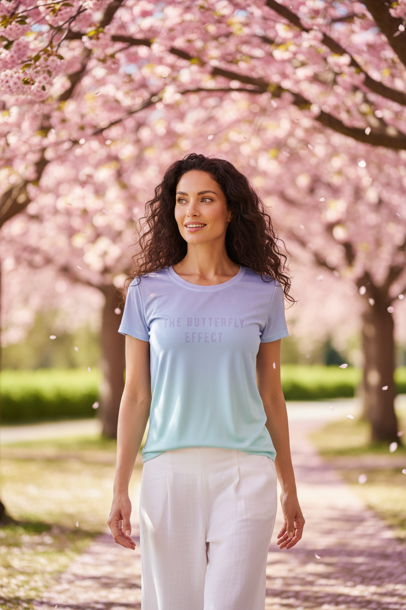 A woman stands on a path under blooming pink cherry blossom trees, wearing a light blue gradient t-shirt with the text 'THE BUTTERFLY EFFECT' and white pants.
