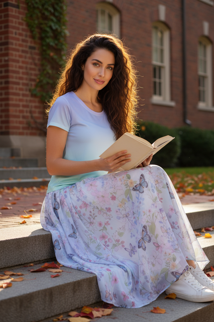 A woman sits on outdoor stone steps in front of a brick building, holding an open book. She is wearing a light blue short-sleeve top and a long, flowing white skirt with a pastel floral and butterfly print, paired with white sneakers.