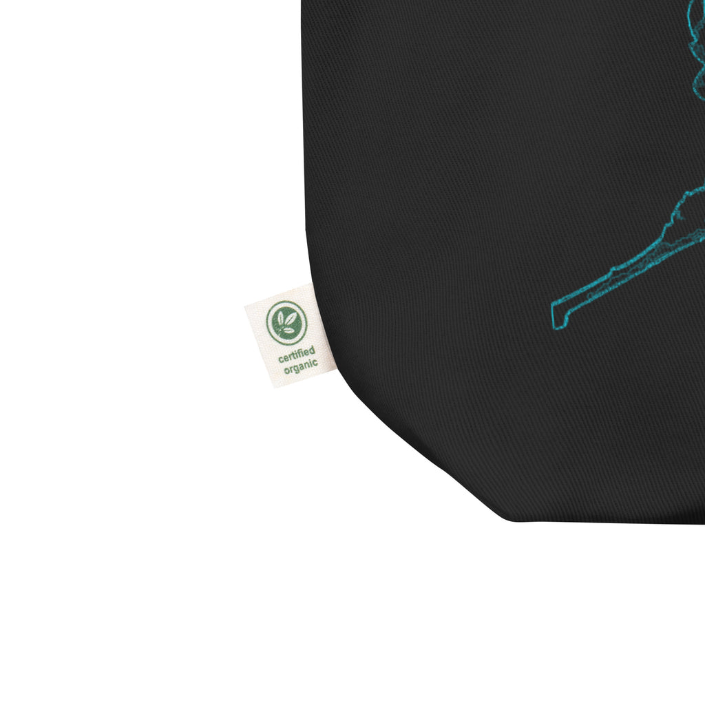 Black product with a green certification label on a white background