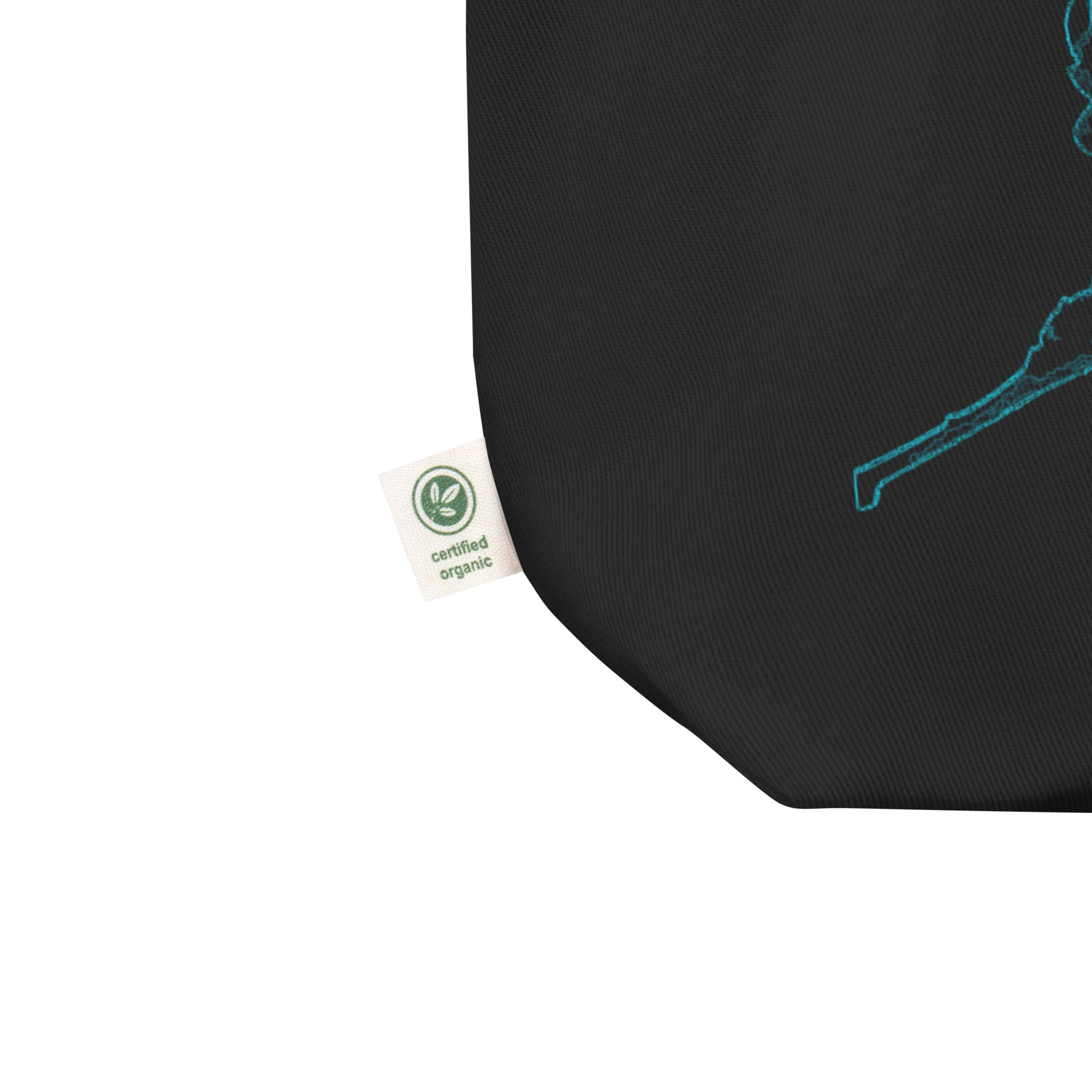 Black product with a green certification label on a white background