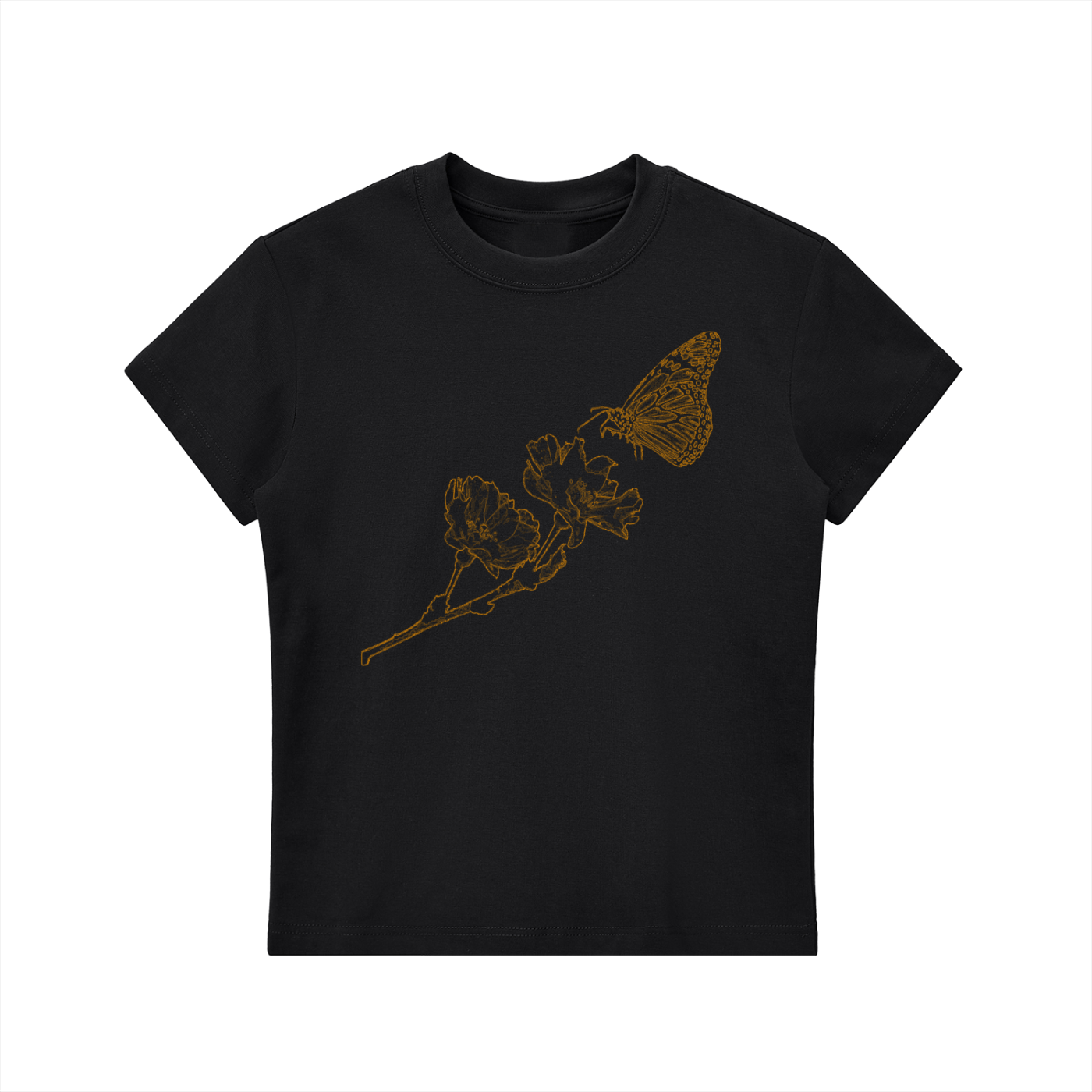A black short-sleeve crewneck t-shirt featuring a gold line art graphic of a butterfly perched on a flower branch across the chest, displayed on a solid white background.