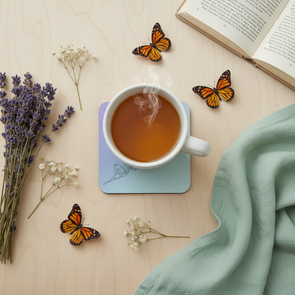 A styled flat-lay featuring a white ceramic mug filled with amber tea on a light blue coaster, surrounded by dried lavender, white baby's breath flowers, orange and black monarch butterflies, an open book, and a draped mint green cloth on a light wood background.