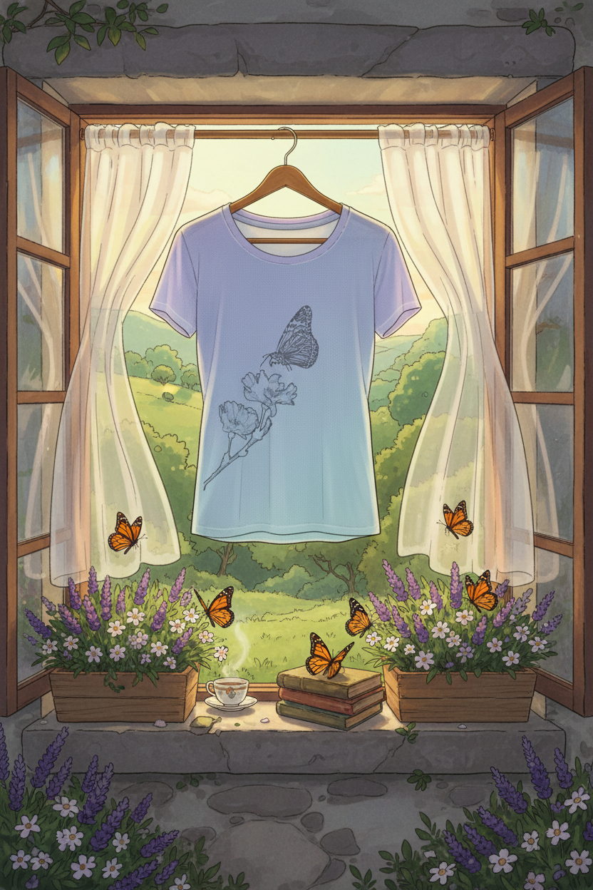 A light blue short-sleeve t-shirt with a black butterfly and floral graphic hangs on a wooden hanger in front of an open window. The scene is a whimsical illustration with cream curtains, orange butterflies, purple flowers, books, and a cup on a stone windowsill.