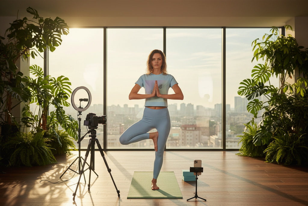 A woman in a light blue yoga outfit stands in a tree pose on a green mat in a sunlit room with large windows, plants, a ring light, and recording equipment.