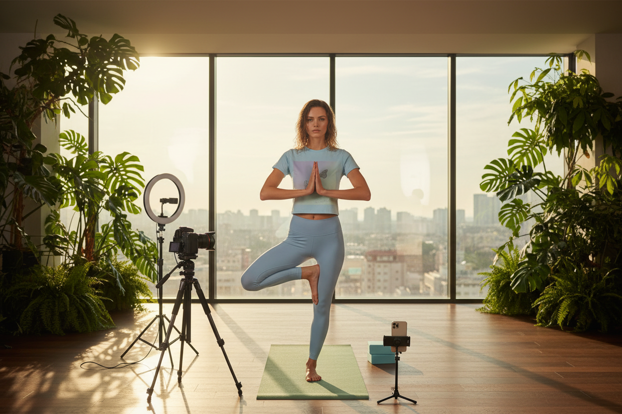 A woman in a light blue yoga outfit stands in a tree pose on a green mat in a sunlit room with large windows, plants, a ring light, and recording equipment.