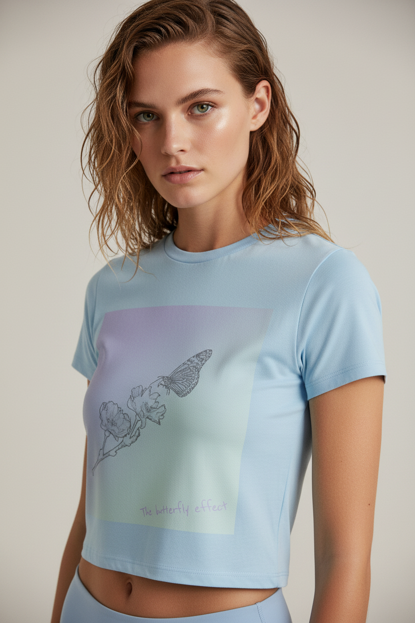 A woman wearing a light blue cropped t-shirt with a pastel gradient graphic on the front, photographed against a neutral beige studio background.