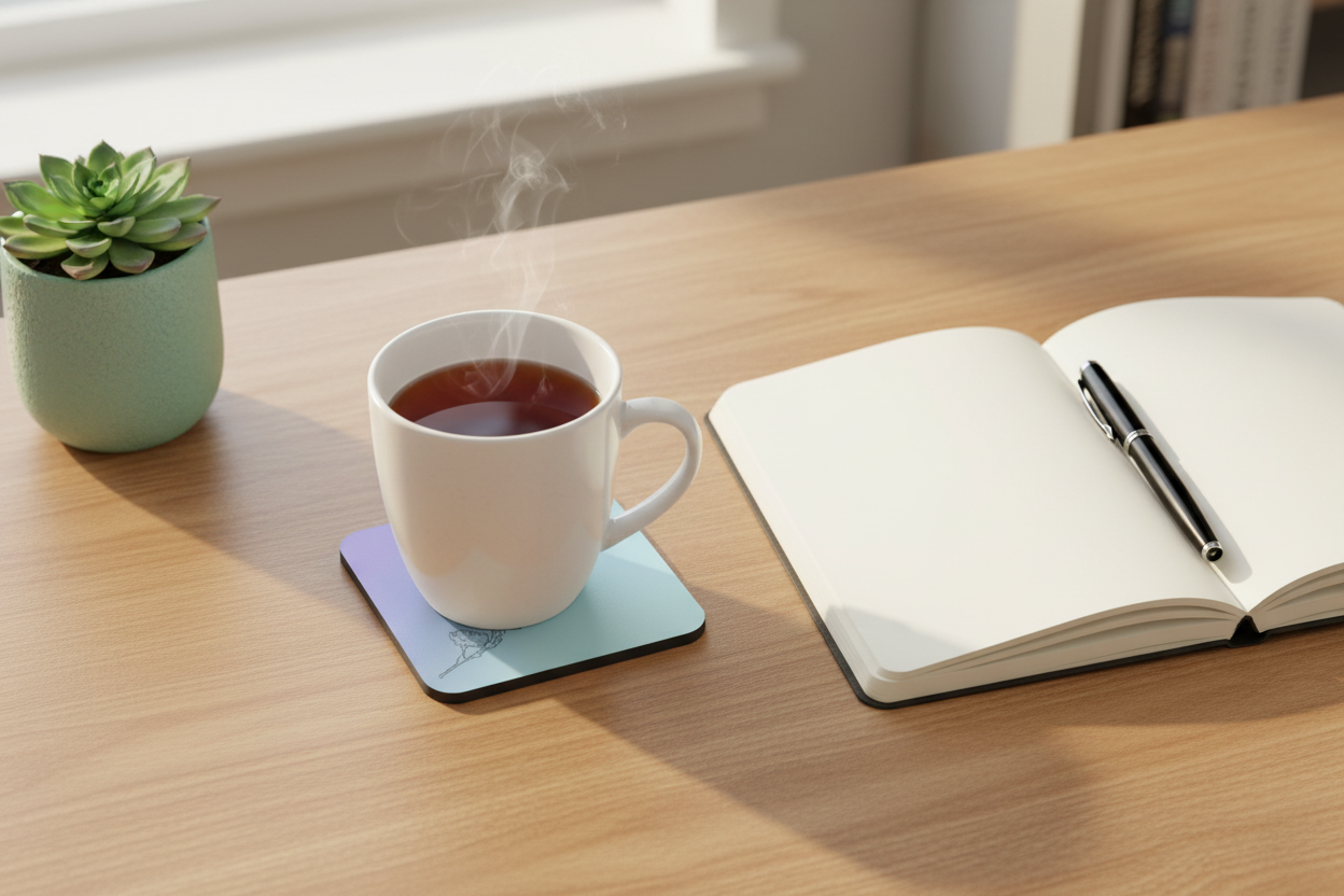 A white ceramic mug filled with a dark beverage sits on a pastel square coaster on a light wood desk, with a steaming effect rising from the cup. An open notebook with a black pen lies to the right, and a small potted succulent is to the left.