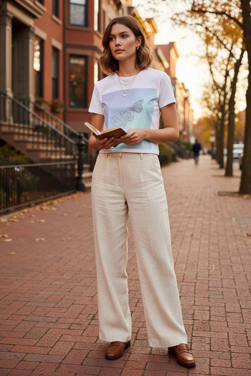 A woman stands on a brick sidewalk in an urban setting, wearing a white graphic T-shirt with a light blue and lavender color-blocked design and wide-leg cream trousers.