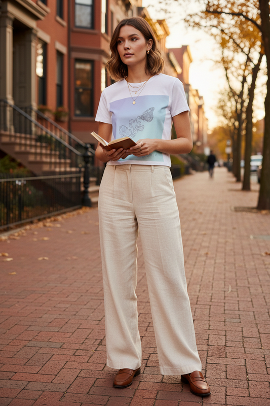 A woman stands on a brick sidewalk in an urban setting, wearing a white graphic T-shirt with a light blue and lavender color-blocked design and wide-leg cream trousers.